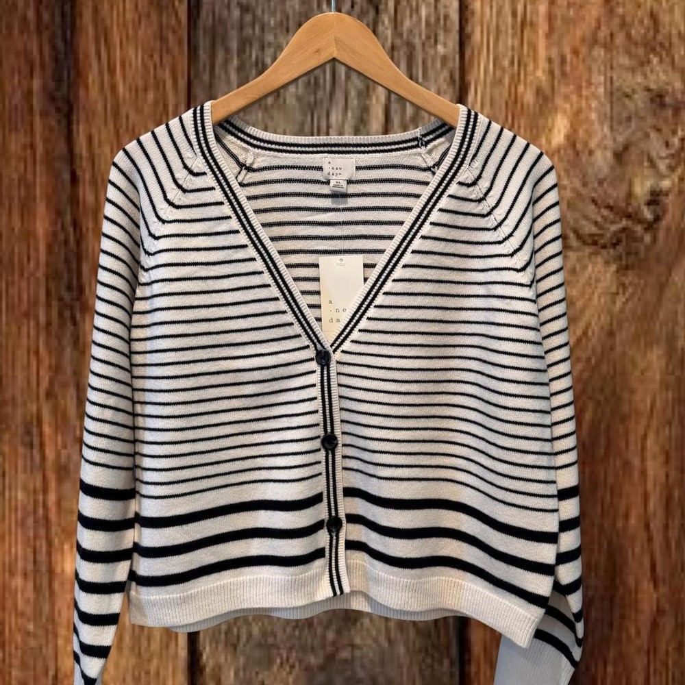 A New Day Striped Cardigan Sweater Black Cream Button Front NWT XL